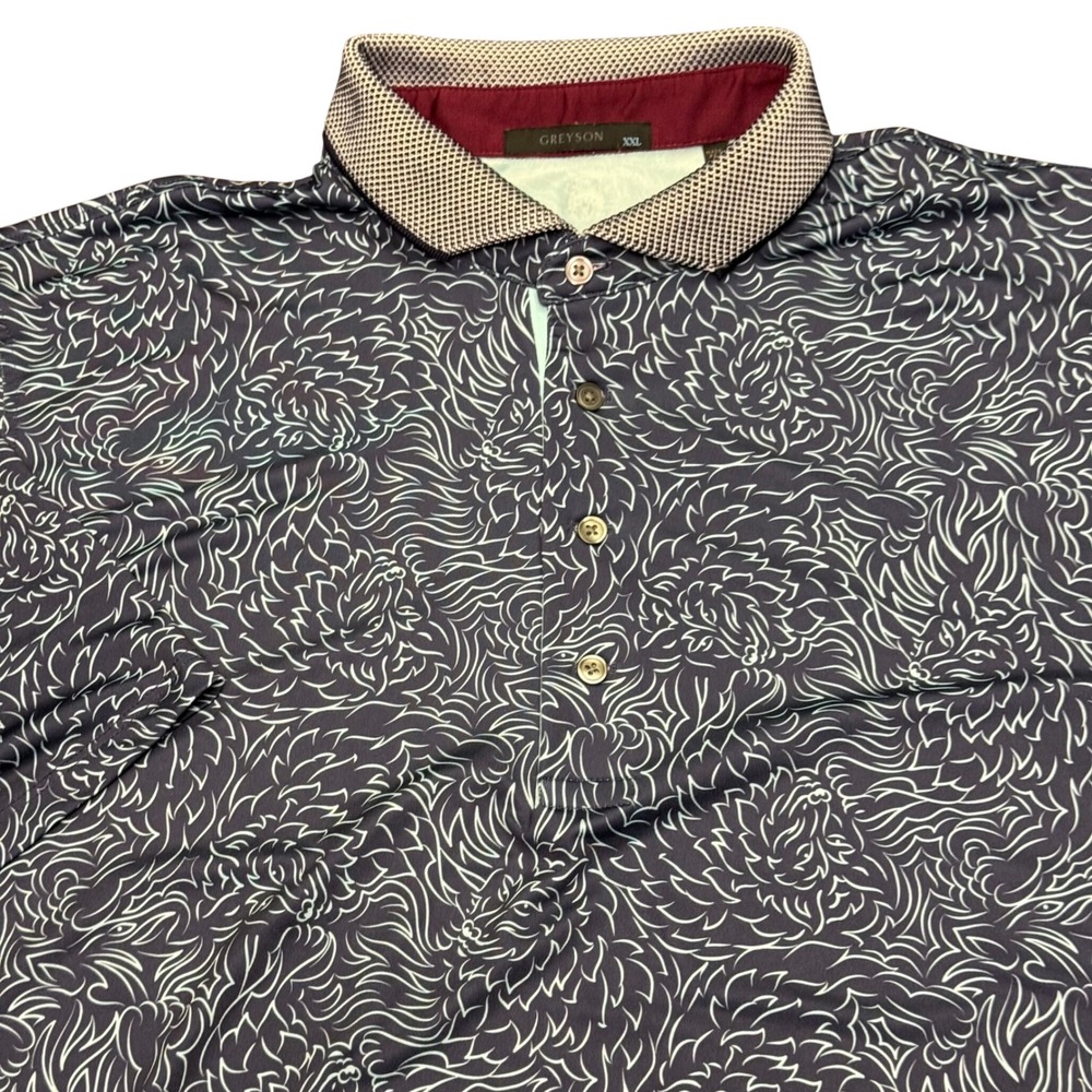 Greyson Polo Shirt Mens XXL Blue Wolf Print Performance Stretch Short Sleeve
